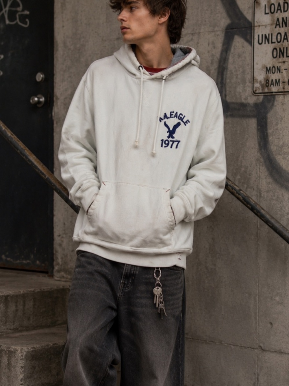 Vintage Men's American Eagle Y2K Chunky Embroidery Hoodie Grunge Street Thrashed